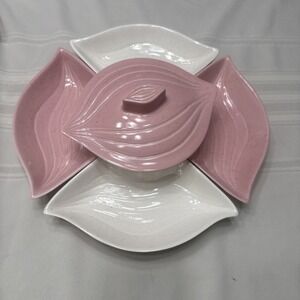 Vintage California Pottery Pink & Cream Chip Dip Set w Dip Lid L34 USA 6 Pc Set